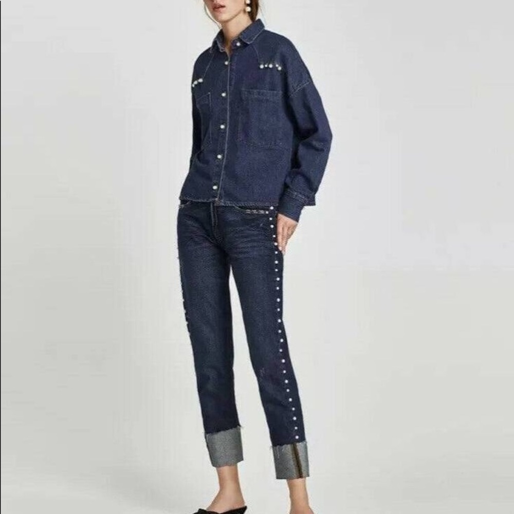 ZARA Trafaluc Faux Pearl Denim Jeans NWT